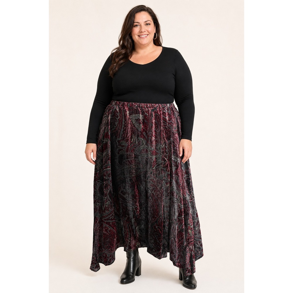 Bob Mackie Studio 4X Black Burgundy Paisley Velvet Handkerchief Maxi Skirt - Picture 1 of 4